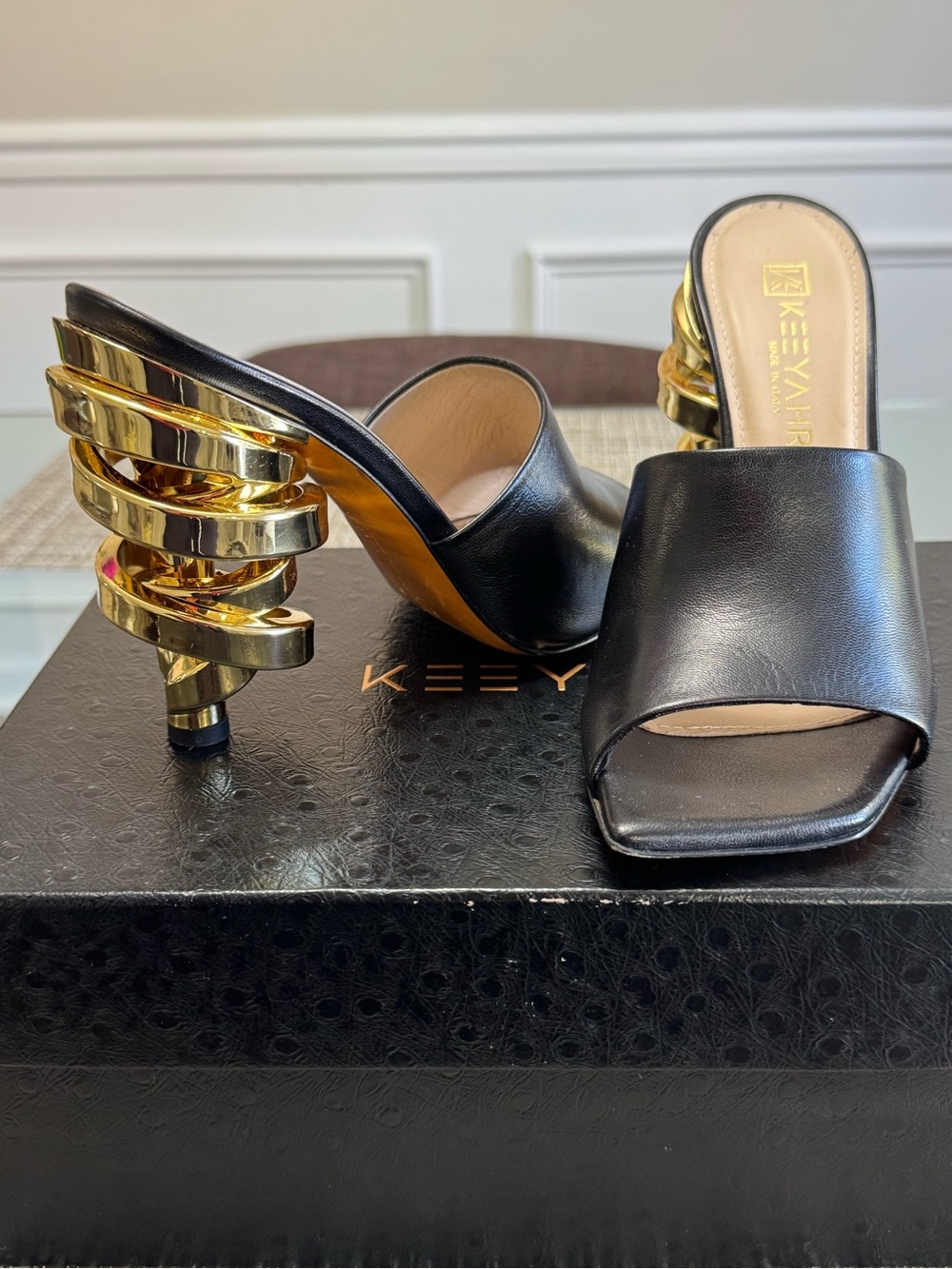 KÉEYAHRI Black Leather Mules Gold Sculptural Spiral Heels EU 38